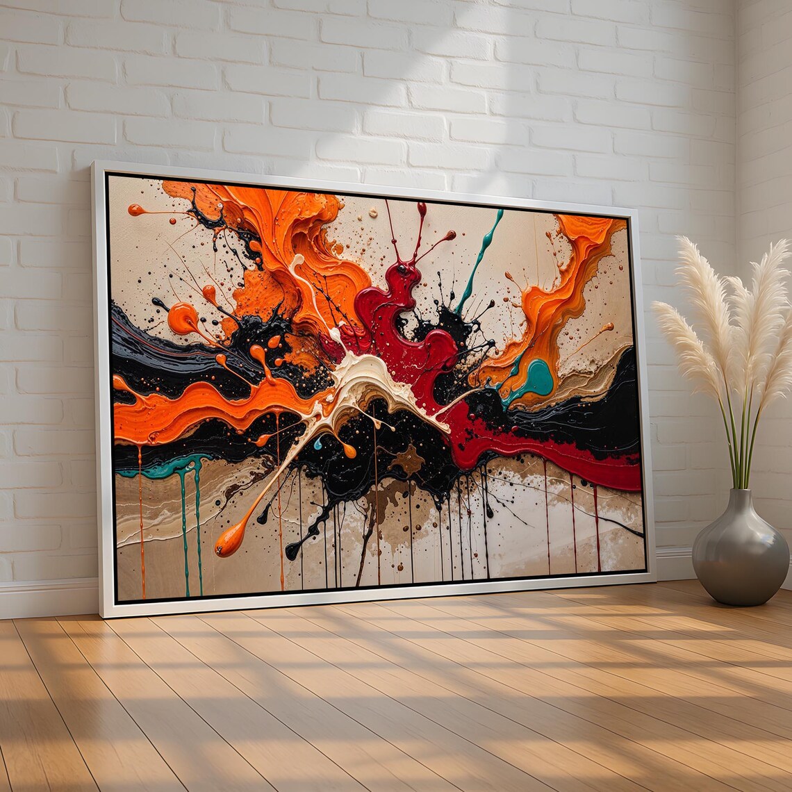 Bold Abstract Paint Splash Wall Art Colorful Modern Expressionist Canvas Red Orange Black Print For Home Or Office Ready To Hang