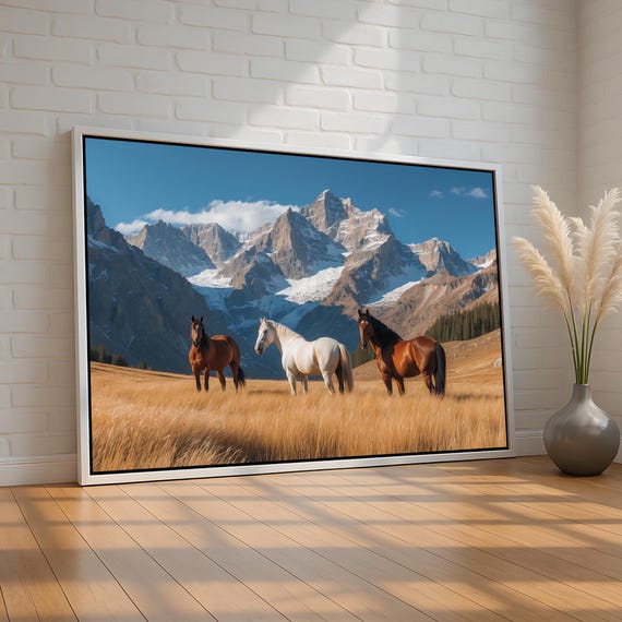 Three Horses In Golden Meadow Mountain Landscape Canvas Poster Rustic Western Nature Wall Art For Home Cabin Or Ranch Ready To Hang