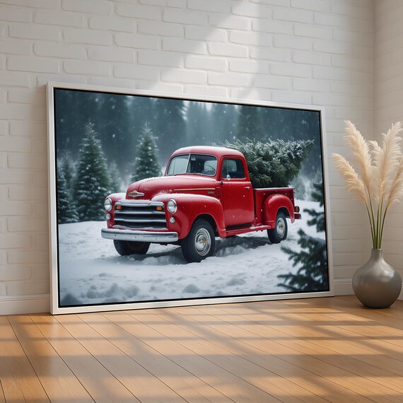 Vintage Red Christmas Truck Snowy Forest Holiday Tree Poster