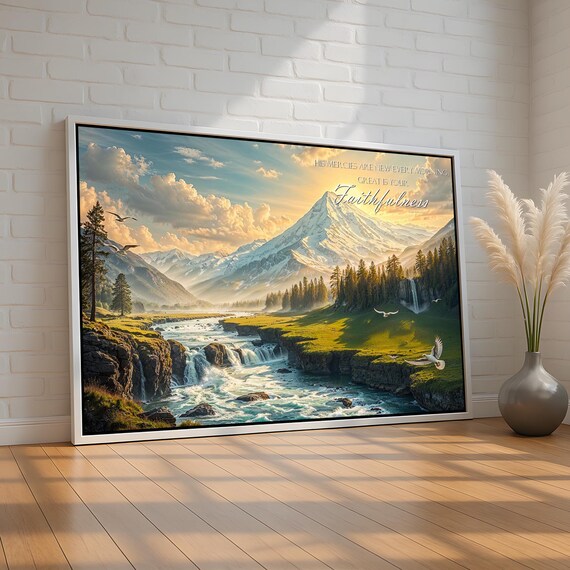 Christian Mountain Landscape Wall Art Scripture Canvas Great Is Your Faithfulness Inspirational Nature Decor Ready To Hang