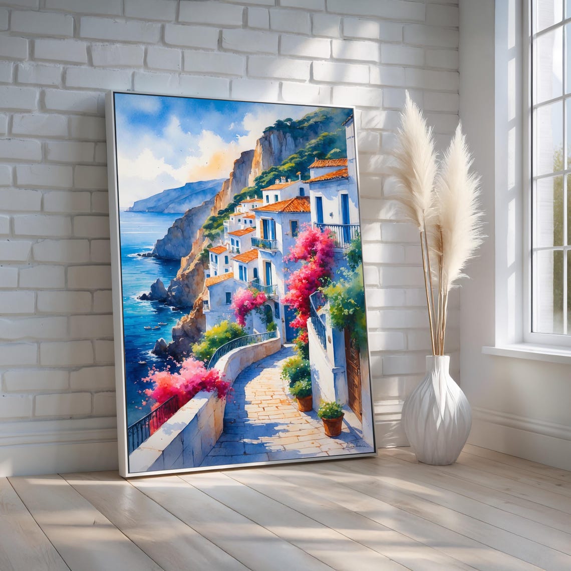 Mediterranean Coastal Village Cliffside Watercolor Seascape Poster