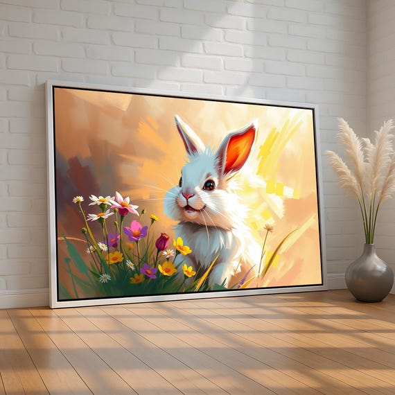 Cute Bunny Wall Art White Rabbit With Wildflowers Canvas Print Whimsical Easter Or Nursery Decor For Animal Lovers Ready To Hang