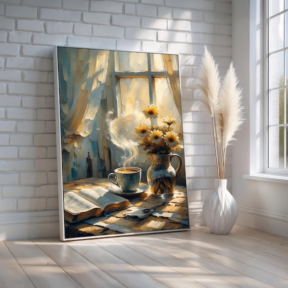 Morning Coffee Book Sunflowers Cozy Window Still Life Art Poster