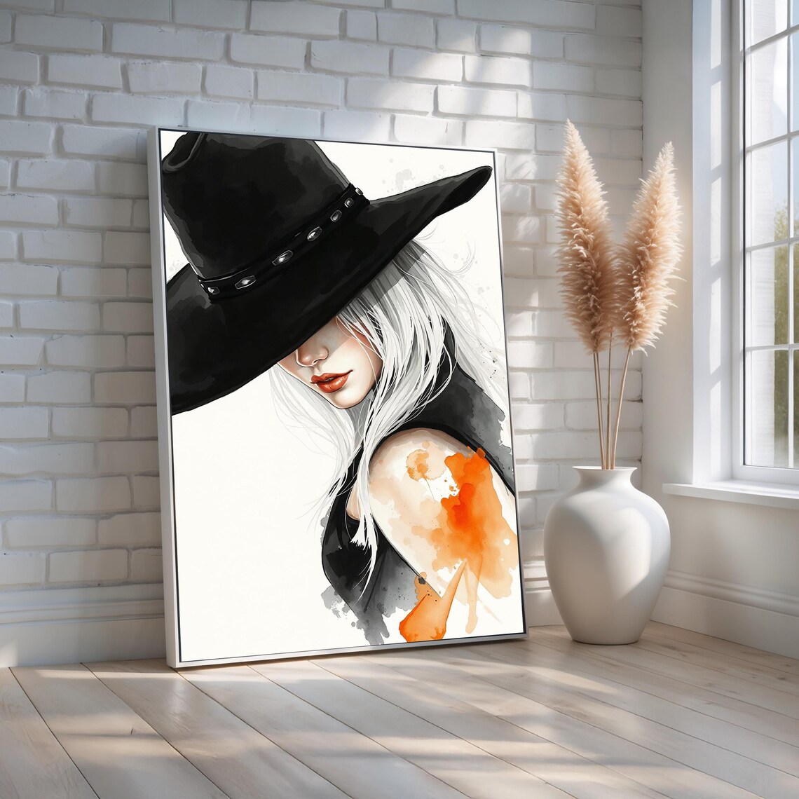 Mystery Cowgirl Black Hat Portrait Watercolor With Red Lips Poster