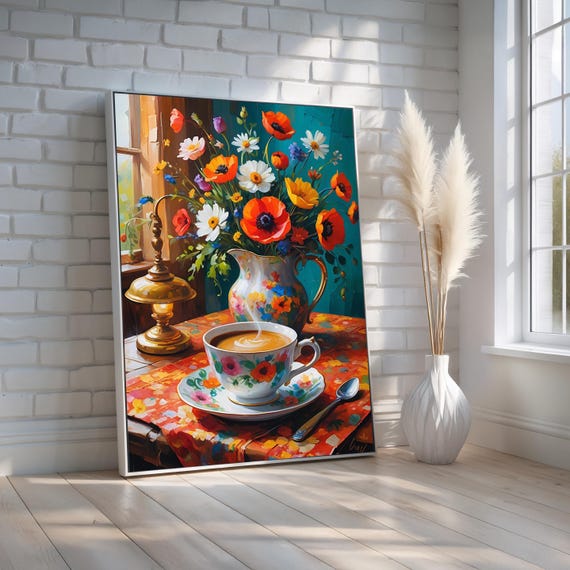 Floral Coffee Cup Wall Art Colorful Flowers Tea Canvas Poster For Kitchen Dining Room Or Cafe Decor Cozy Vintage Style Ready To Hang