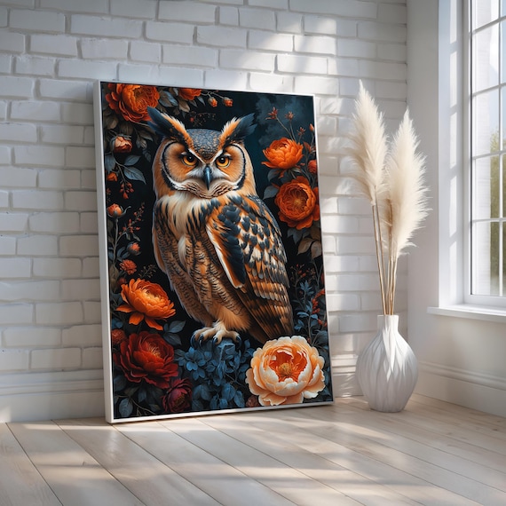 Regal Owl With Floral Background Moody Wildlife Wall Art Boho Nature Decor Print Symbolic Bird Artwork For Home Ready To Hang
