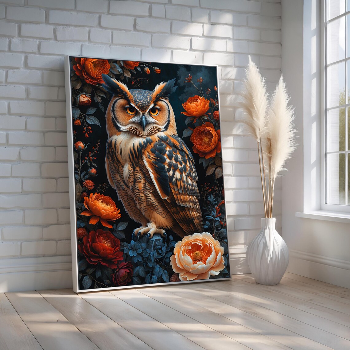 Regal Horned Owl Among Peonies Moody Floral Wildlife Art Poster