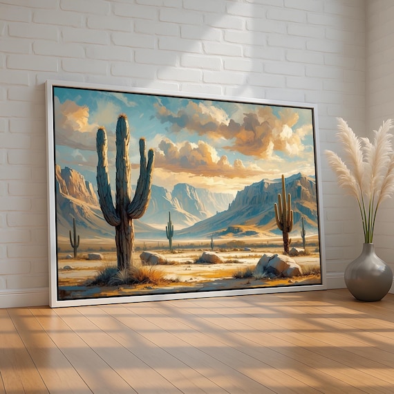Golden Southwest Desert Saguaro Cactus Sunset Landscape Poster