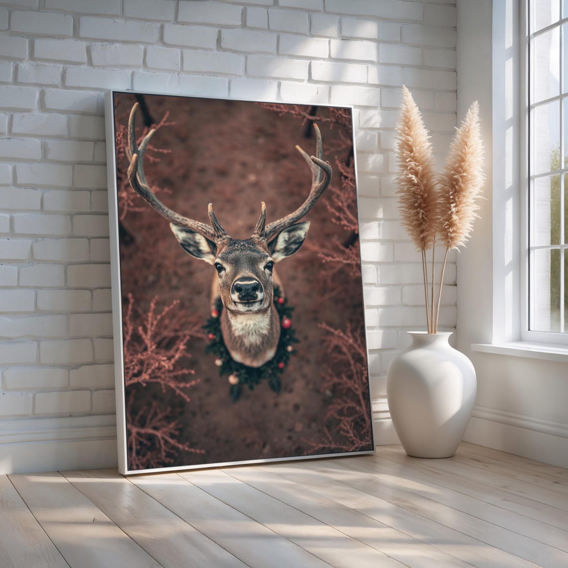 Festive Reindeer Holiday Wreath Whimsical Christmas Deer Print