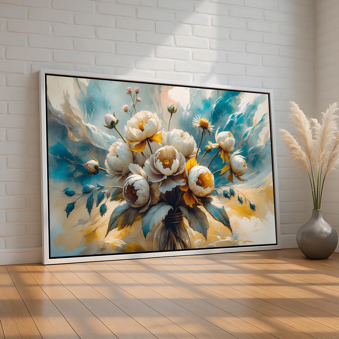 White And Yellow Peony Bouquet Botanical Floral Elegant Wall Art