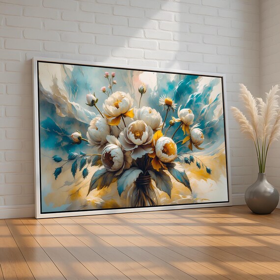 White And Yellow Peony Bouquet Botanical Floral Elegant Wall Art
