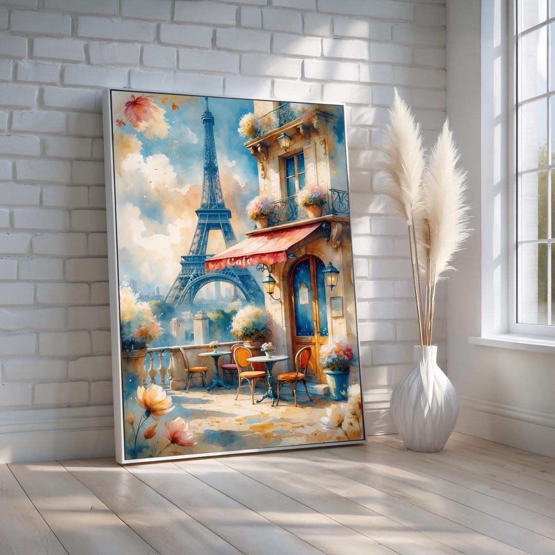 Paris Cafe with Eiffel Tower Watercolor French Street Art Poster