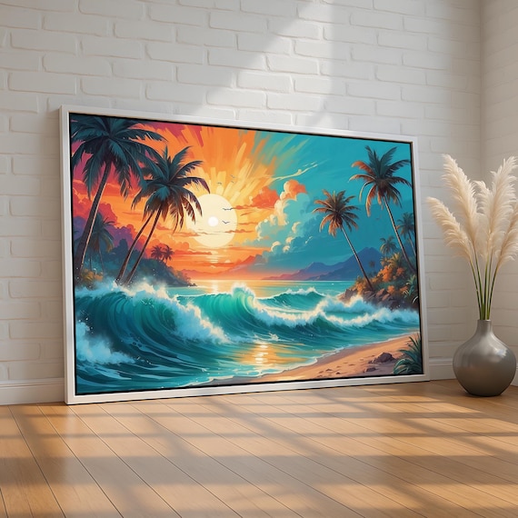 Tropical Sunset Beach Palm Trees Pop Art Ocean Waves Wall Art