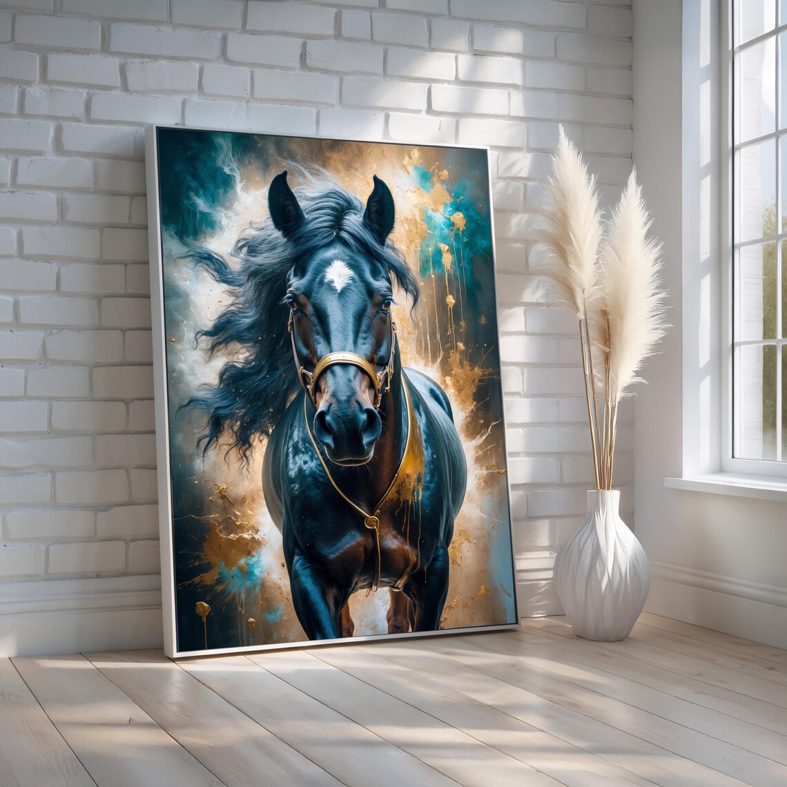 Dramatic Black Horse Portrait with Teal and Gold Paint Splashes Poster