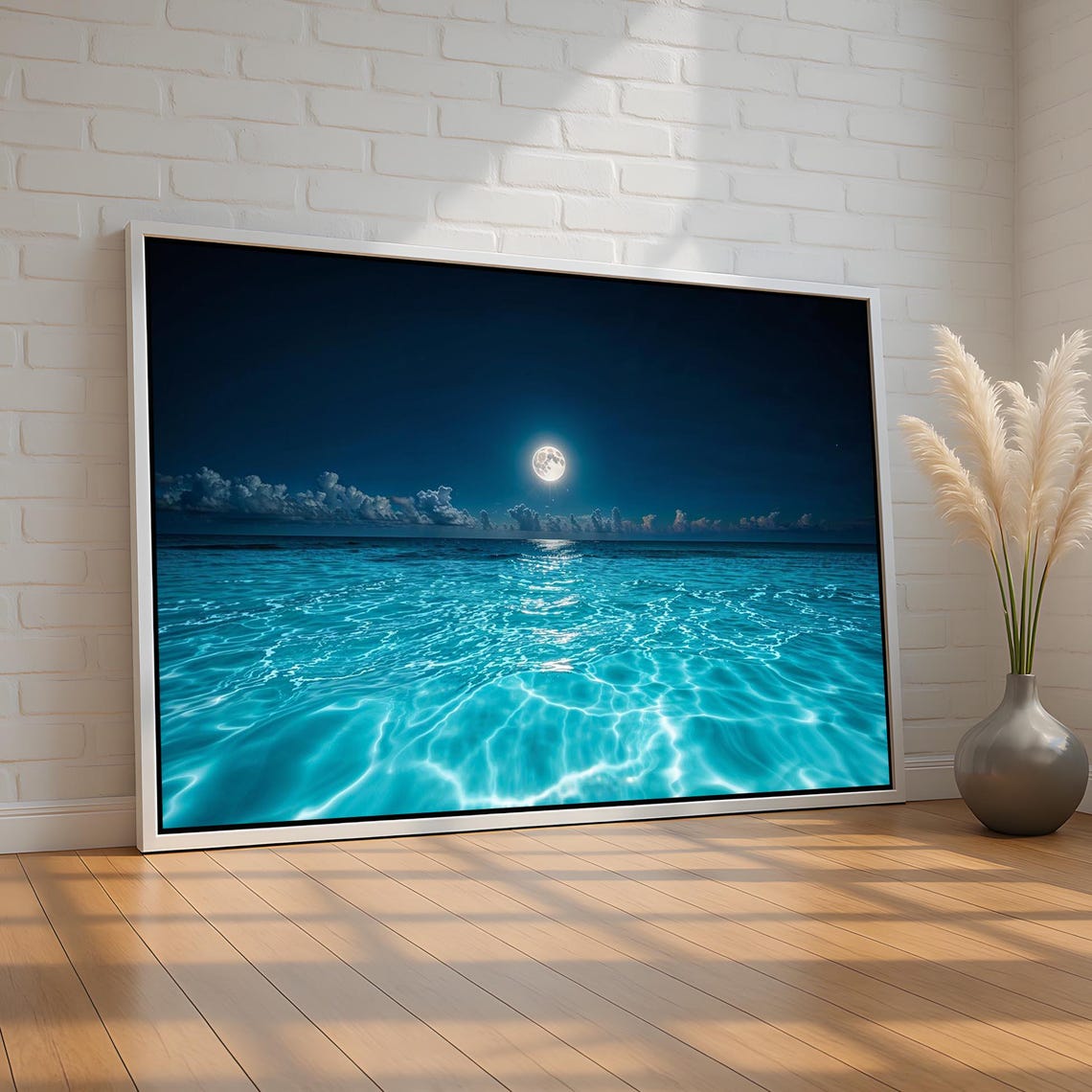 Moonlight Over Turquoise Ocean Full Moon Night Seascape Poster
