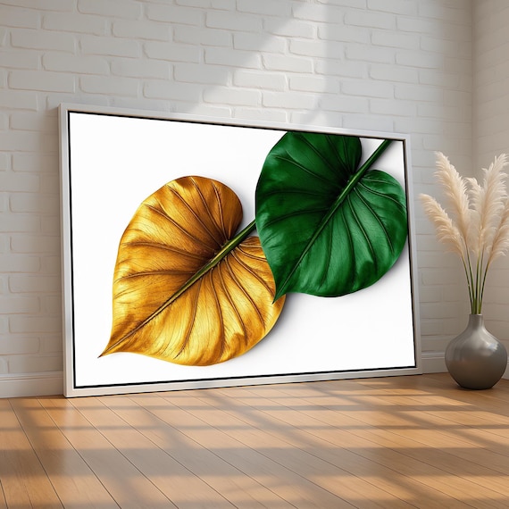 Gold Green Tropical Leaf Luxury Minimalist Botanical Wall Art