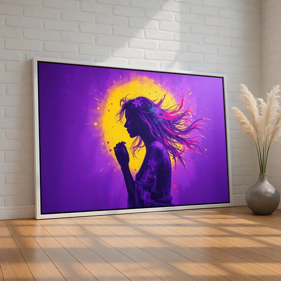 Purple Silhouette Prayer Wall Art Bold Abstract Canvas With Woman In Light Neon Colors Spiritual Feminine Print Ready To Hang