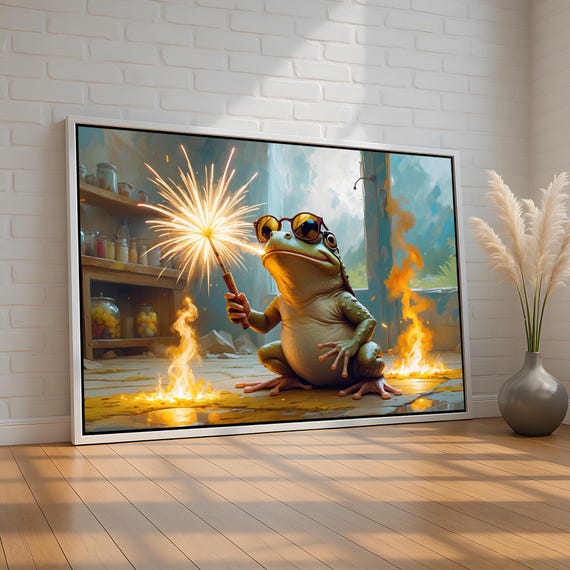 Funny Frog Wall Art With Fireworks Quirky Animal Poster For Man Cave Bar Game Room Humor Decor Canvas