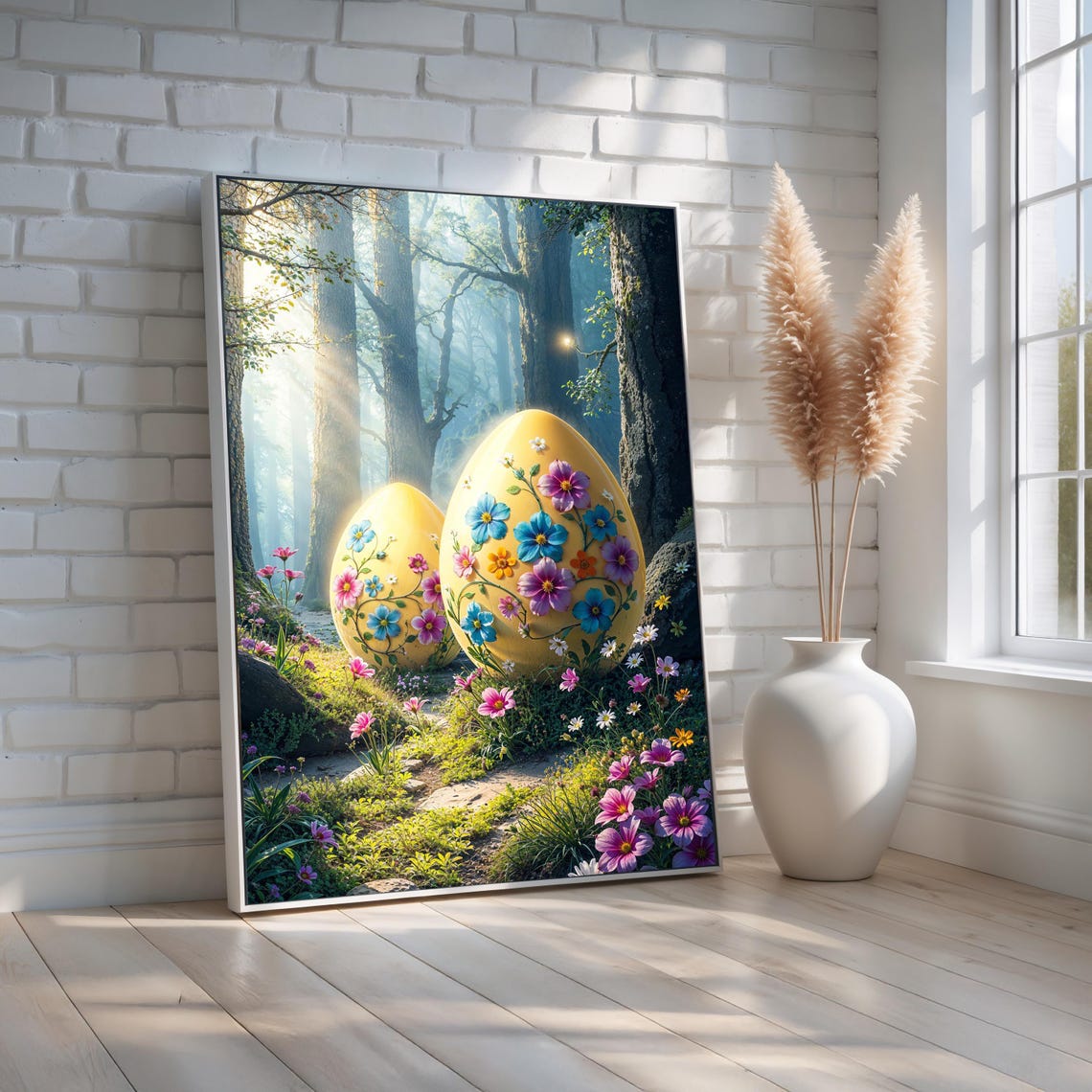 Floral Easter Egg Wall Art Poster Whimsical Spring Forest Decor With Flowers Magical Nature Print For Home Or Nursery Ready To Hang