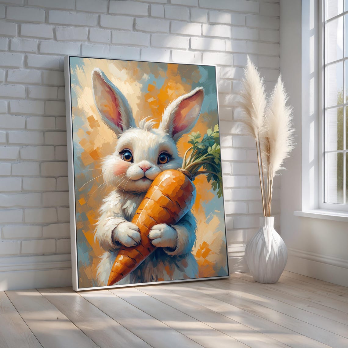 Cute White Bunny Hugging Giant Carrot Nursery Animal Art Poster