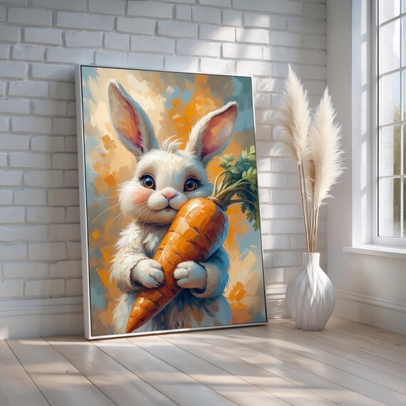 Cute White Bunny Hugging Giant Carrot Nursery Animal Art Poster