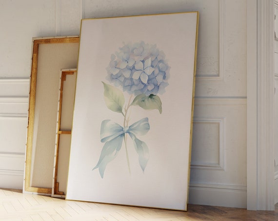 Blue Hydrangea Bow Art Print, Coastal Cowgirl Decor