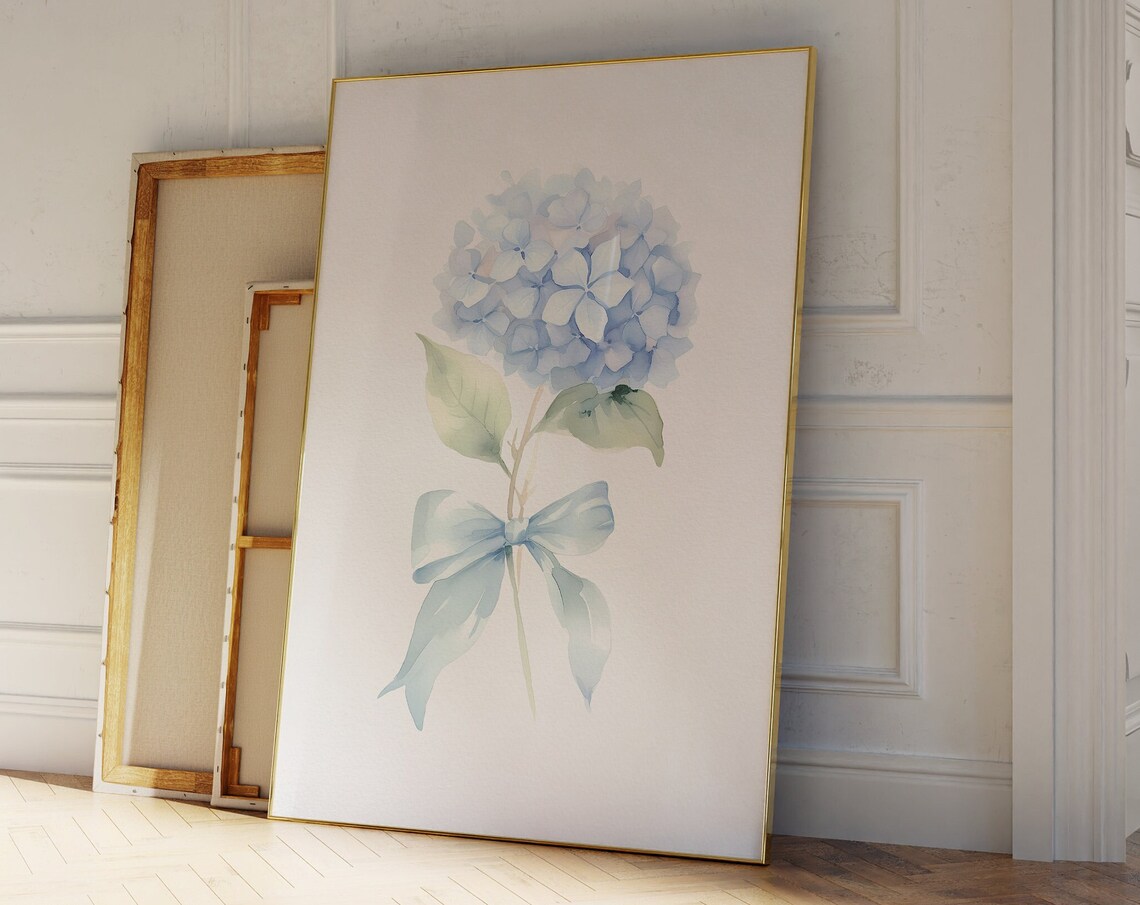 Blue Hydrangea Bow Art Print, Coastal Cowgirl Decor