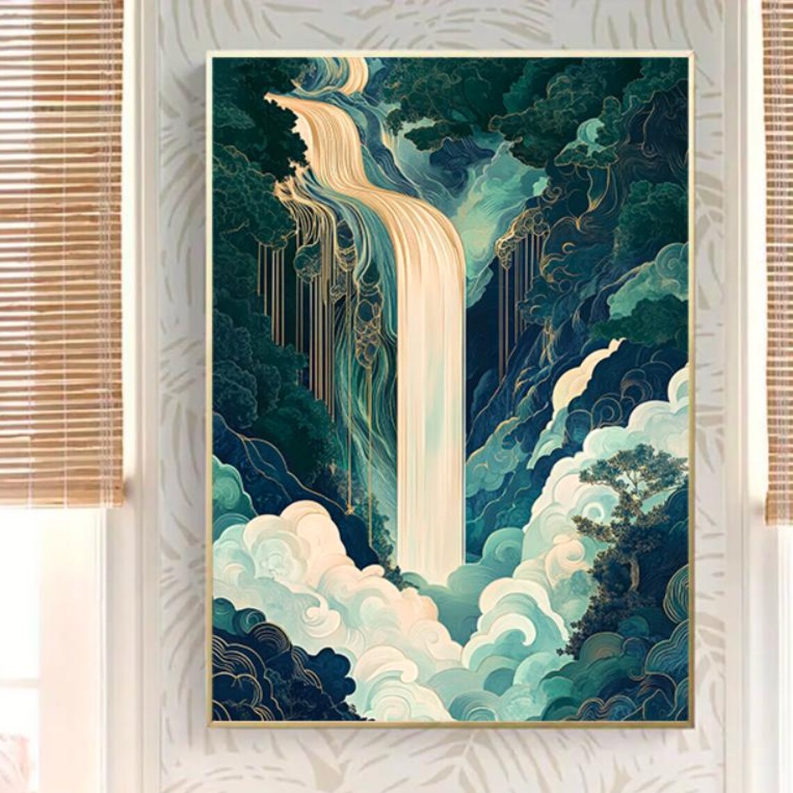 Ukiyo-E Waterfall Landscape, Hokusai Japanese Art Print