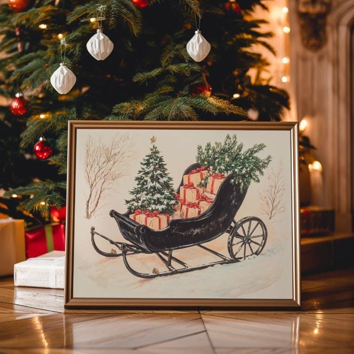 Vintage Black Sleigh With Gifts And Pine Boughs In Snow Poster - Image 4