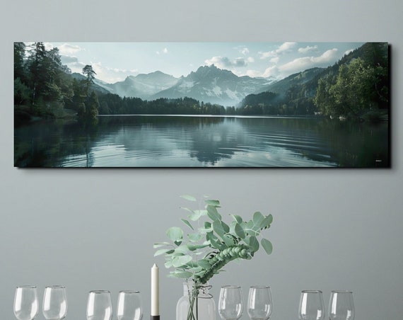 Forest And Lake Art Print, Panoramic Cottage Decor