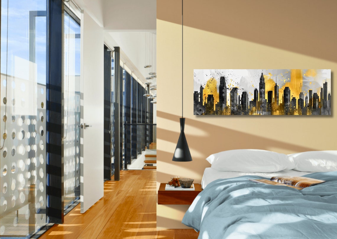 Black And Gold City Skyline Panoramic Modern Urban Art Poster - Image 2