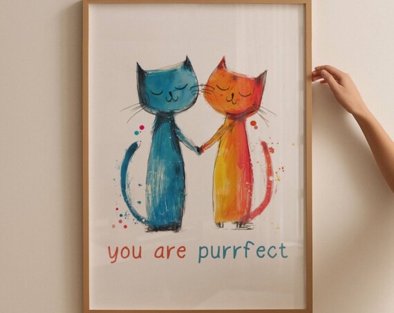 Two Sweet Watercolor Cats Holding Paws 'You Are Purrfect' Poster