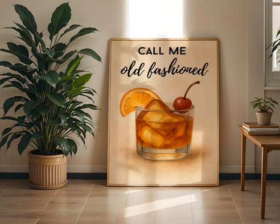 Old Fashioned Cocktail Poster Retro Whiskey Bar Print Funny Drink Wall Art Bourbon Lover Gift Vintage Style Home Decor