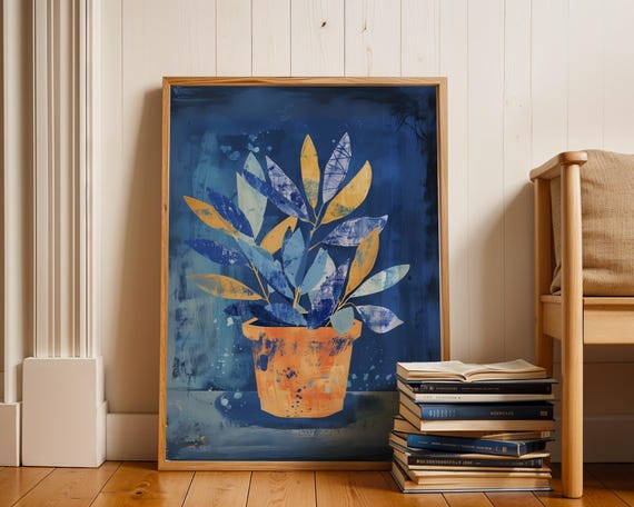 Henri Matisse Style Plant Wall Art Abstract Blue Orange Botanical Print Modern Mid Century Inspired Home Decor