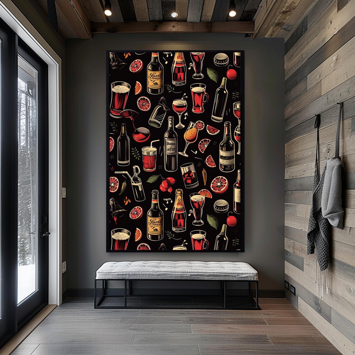 Cocktail Wine and Beer Bottles Pattern on a Black Bar Decor Poster - Image 5