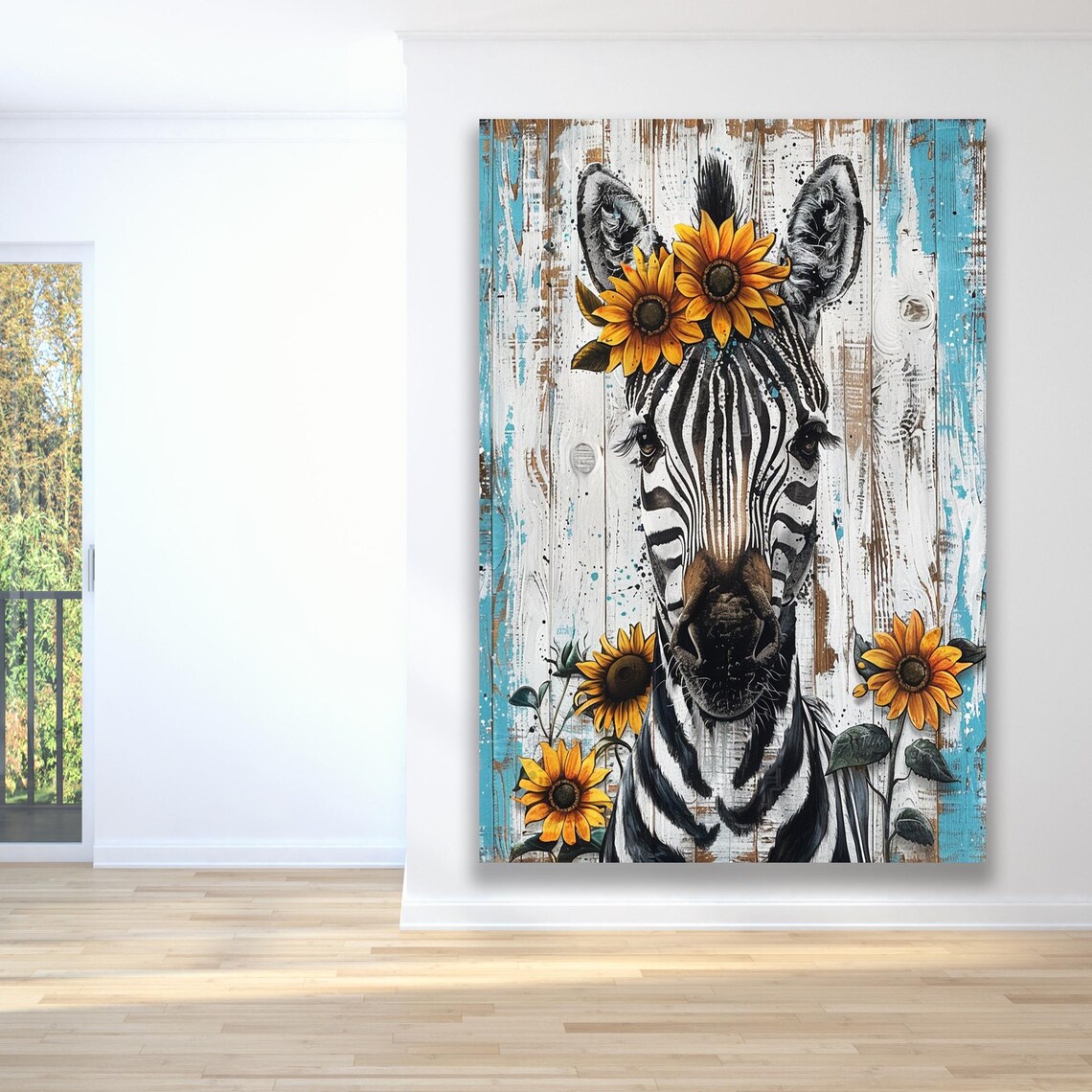 Zebra Wearing a Sunflower Crown on Rustic Wood Planks Poster - Image 3