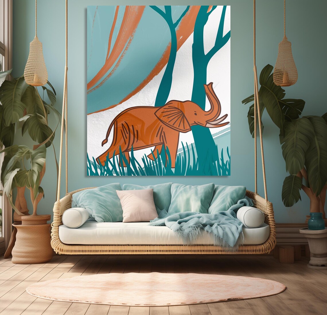 Orange Elephant Minimalist Teal Jungle Trees Nursery Decor Poster - Image 2
