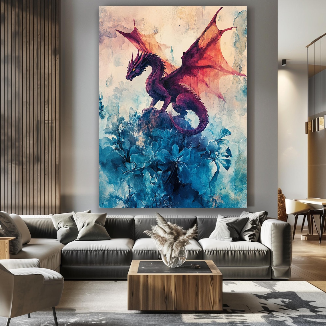 Purple Dragon Watercolor Rising Over a Blue Floral Forest Poster - Image 6