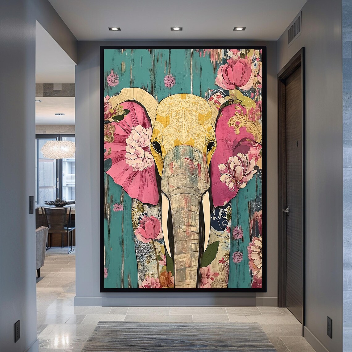 Elephant Head Pink Flowers Teal Bohemian Jungle Style Poster - Image 3