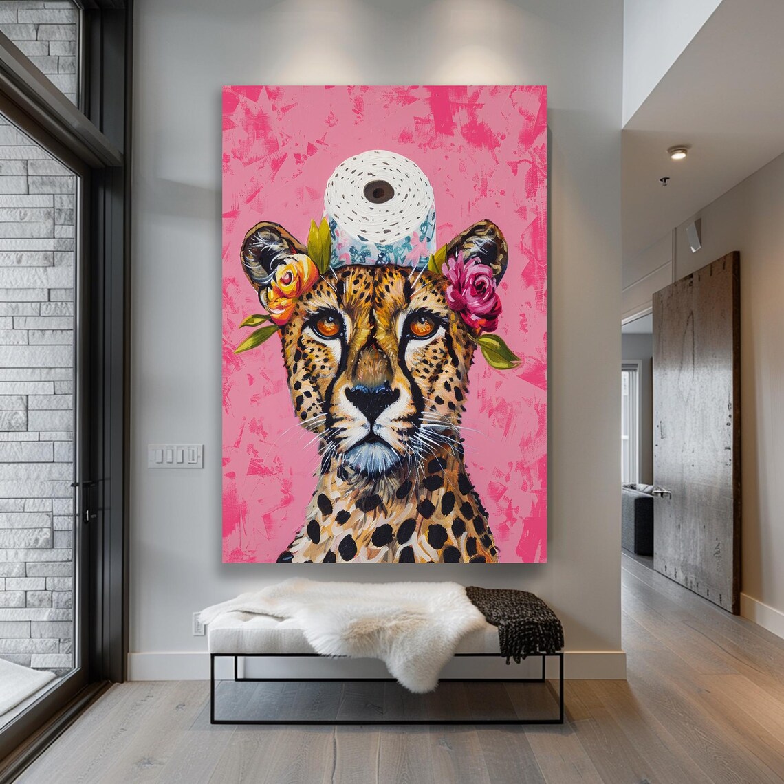 Cheetah Wearing Toilet Paper Hat Pink Whimsical Funny Bathroom Poster - Image 3