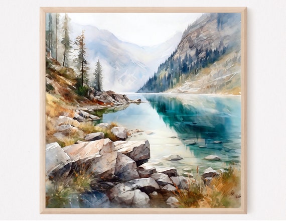 Mountain Landscape Watercolor Painting, Mountain Lake