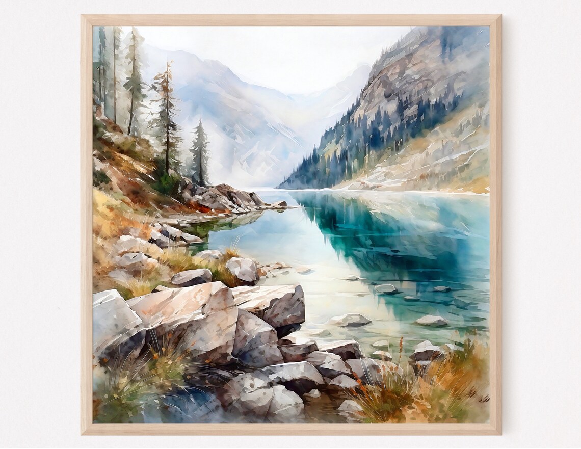 Mountain Landscape Watercolor Painting, Mountain Lake