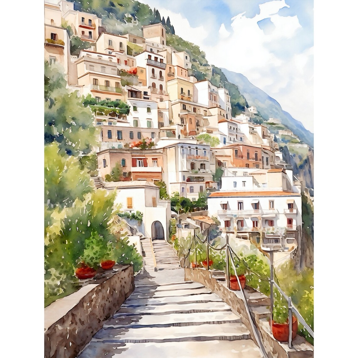Positano Watercolor Painting, Amalfi Coast Travel Poster