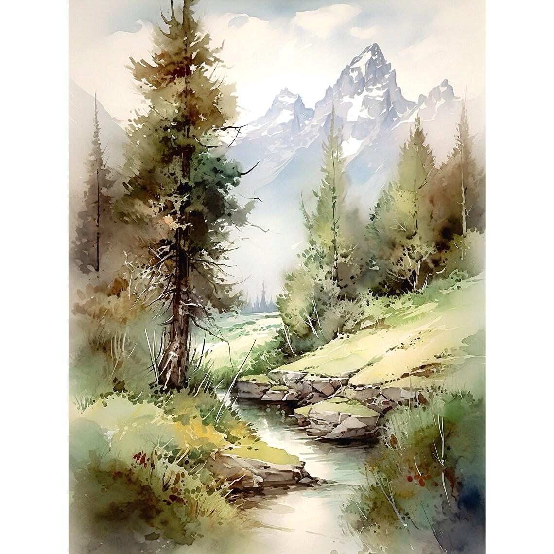Grand Teton Art Print, Watercolor Mountain Landscape