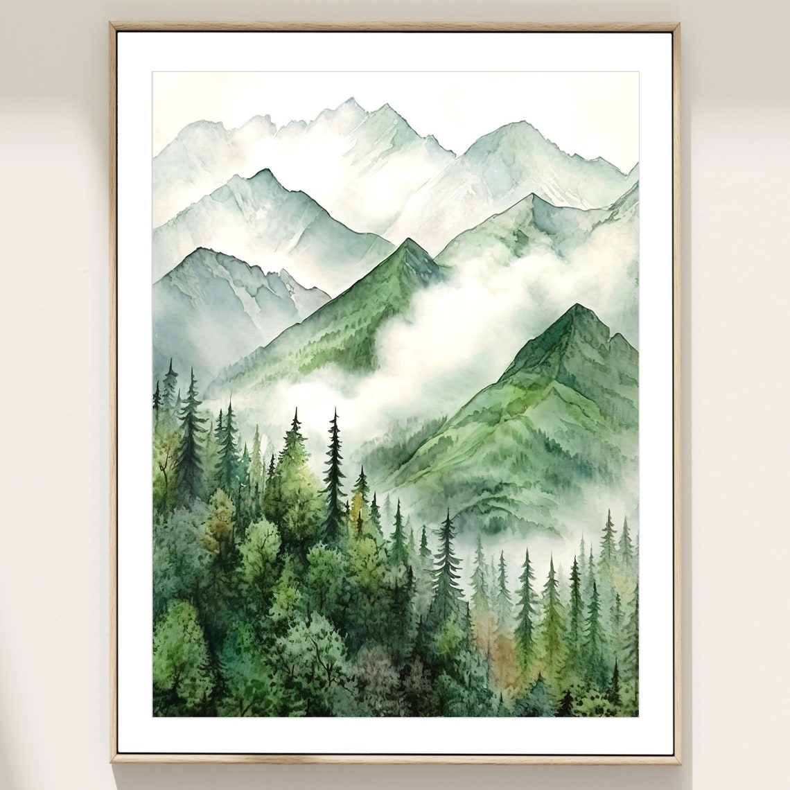 Misty Mountain Landscape Watercolor Painting Art Print Minimalistic Foggy Pine Tree Forest Artwork Evergreen Trees Original Art - Image 3