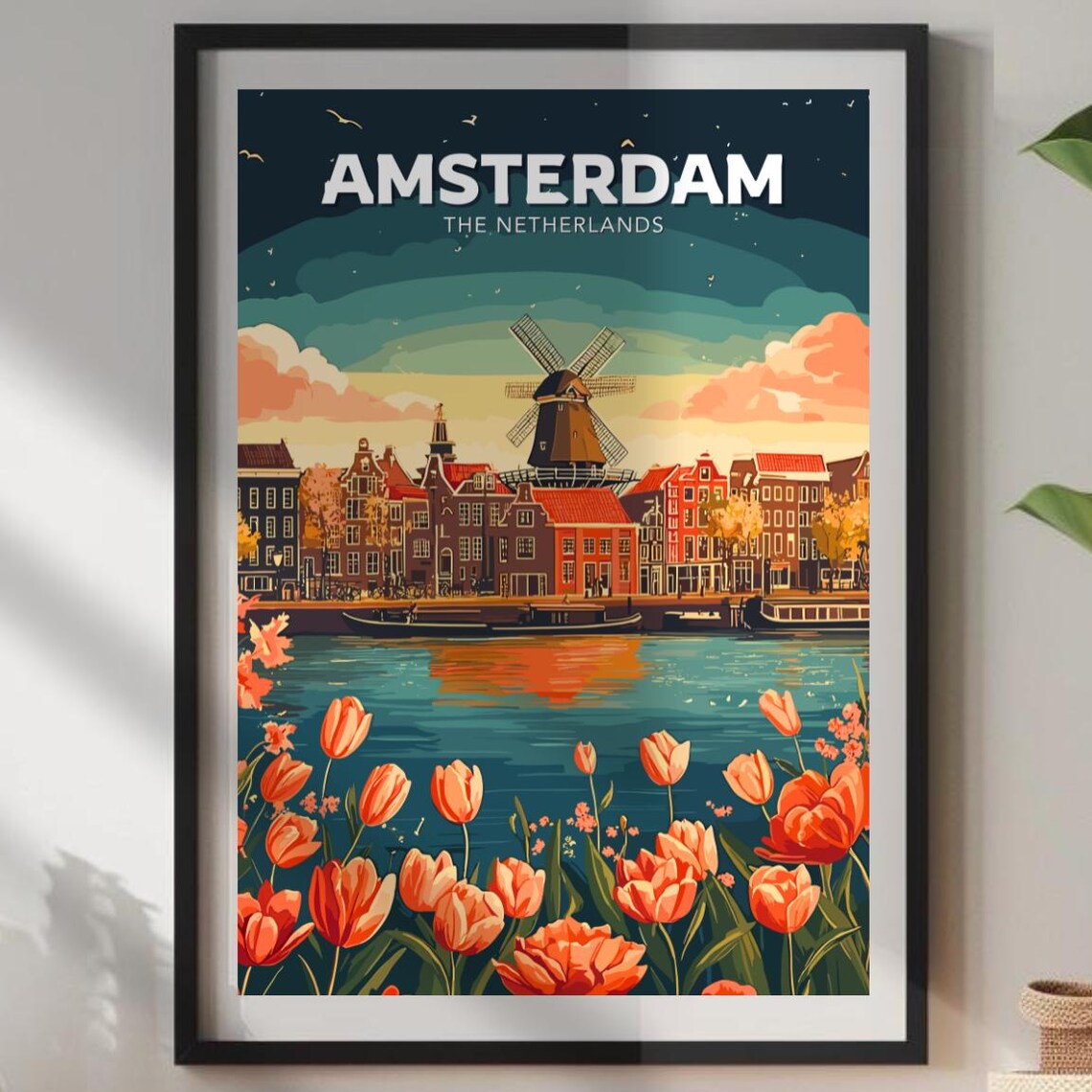 Amsterdam Netherlands Windmill Canal Houses Tulips Travel Poster