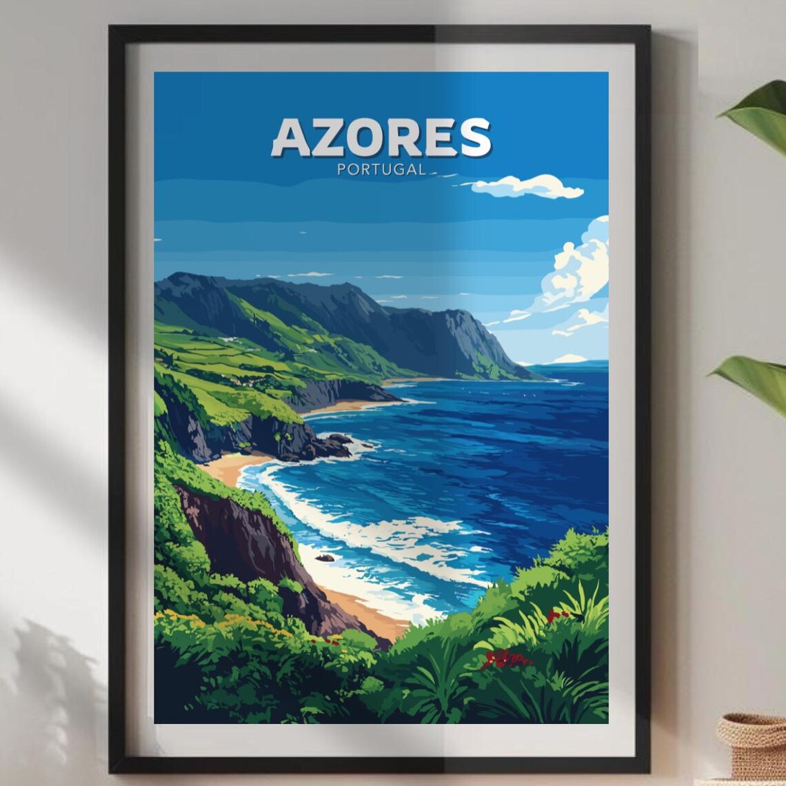 Azores Portugal Green Cliffs Atlantic Beach Coast Travel Poster