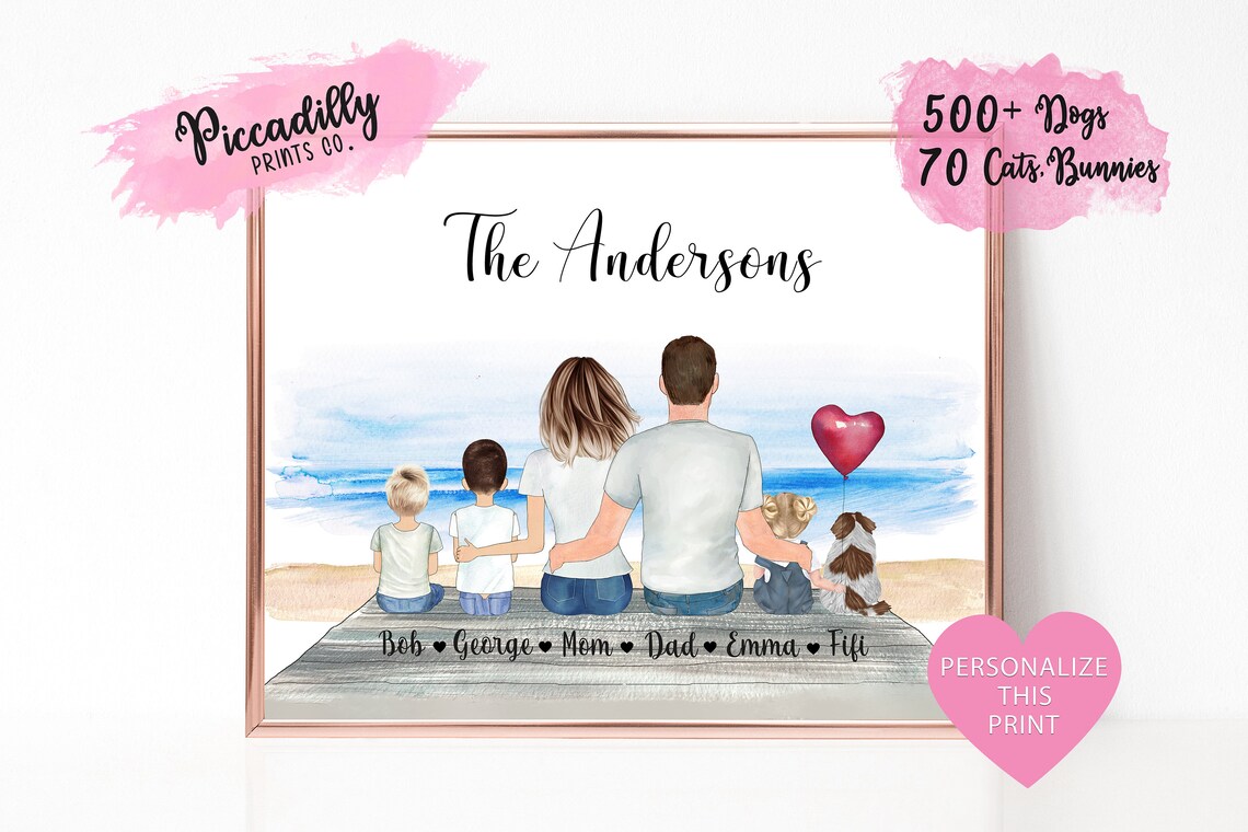 Custom Family Portrait With Pet, Personalized Print