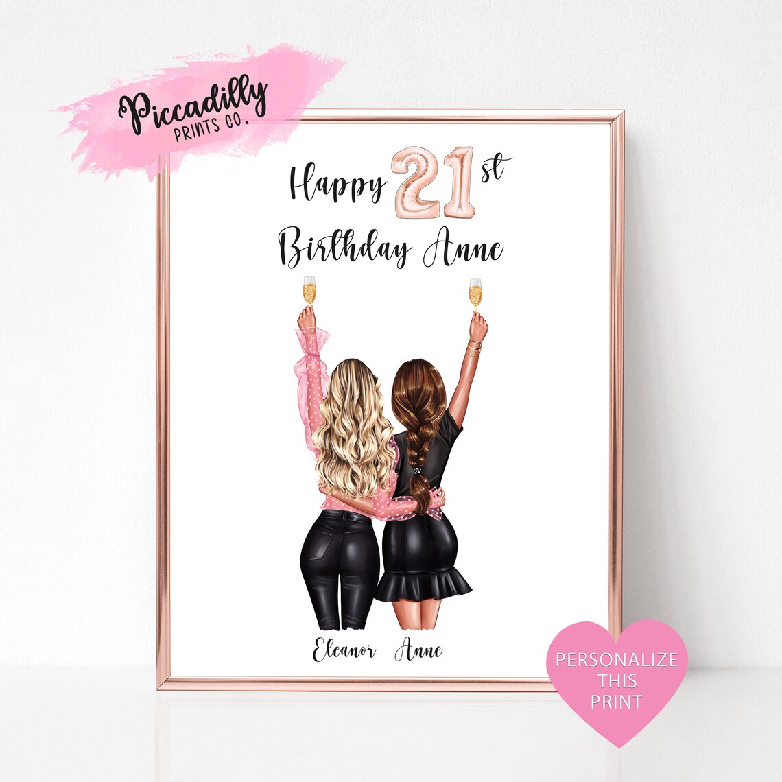 Personalized BFF Friendship Portrait 21st Birthday Print