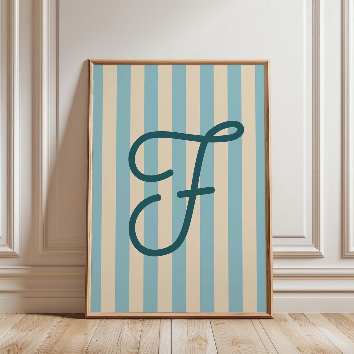 Teal Blue Striped Personalized Letter F Monogram Alphabet Poster